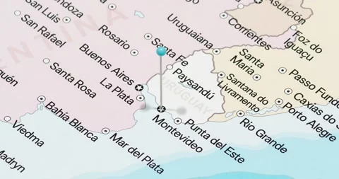 A zoom out of a light blue pin into Montevideo city of Uruguay political map Vídeo Stock 323774066