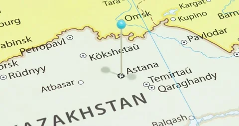 A zoom out of a light blue pin into Astana city of Kazakhstan political map Video stock 324821310