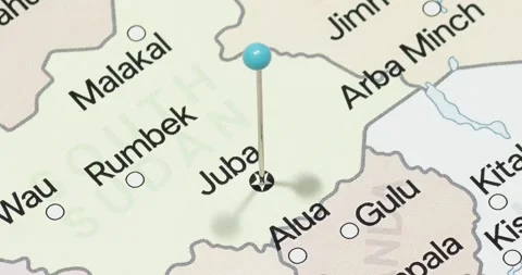 A zoom out of a light blue pin into juba city of south sudan political map Video stock 324821784