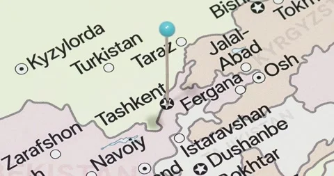A zoom out of a light blue pin into tashkent city of uzbekistan political map Video stock 324822262