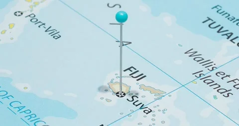 A zoom out of a light blue pin into suva city of fiji political map Video stock 325313372