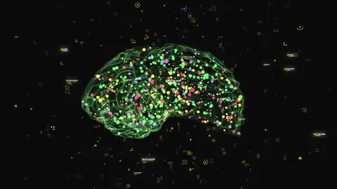 Zoom out macro shot rotation neon cyber particles illuminated human brain neural Stock Footage 189567313
