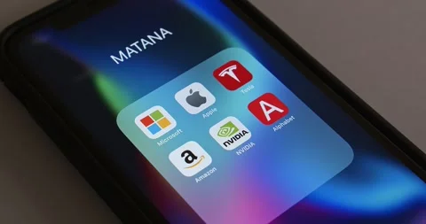 Zoom out MATANA (Microsoft, Apple, Tesla, Alphabet Inc, Nvidia, Amazon) icons Stock Footage 240686093