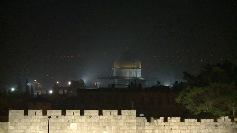Zoom Out From Misty Lite Dome Of the Rock In Night Pass Walls Of Old Jerusalem Stock Footage 238663559