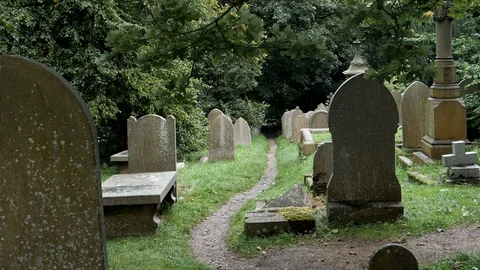 Zoom out-Path between headstones Cemetery St Michaels All Angels Church-Haworth Video stock 96656086