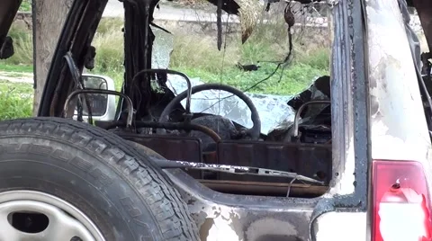 Zoom out rear window of a blasted car Video stock 47410793