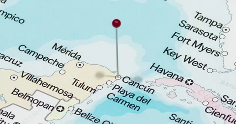 A zoom out of a red pin into Cancun city of Mexico political map Stock Footage 323772987