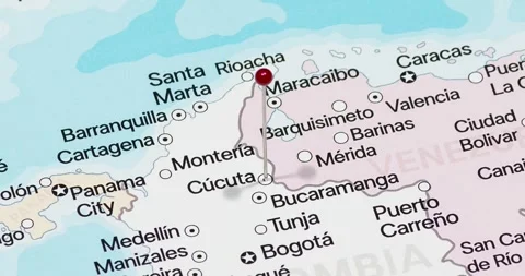 A zoom out of a red pin into Cucuta city of Colombia political map Video stock 323773206