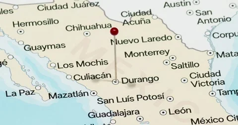 A zoom out of a red pin into Durango city of Mexico political map Stockbeeldmateriaal 323773270