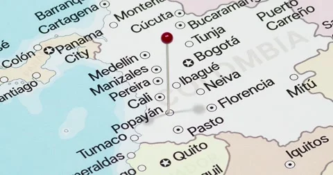A zoom out of a red pin into Popayan city of Colombia political map Video stock 323774404