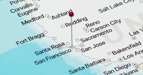 A zoom out of a red pin into San Francisco city of The United States of America Video stock 323774703
