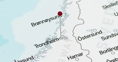 A zoom out of a red pin into a trondheim city of norway political map Stockbeeldmateriaal 323774945