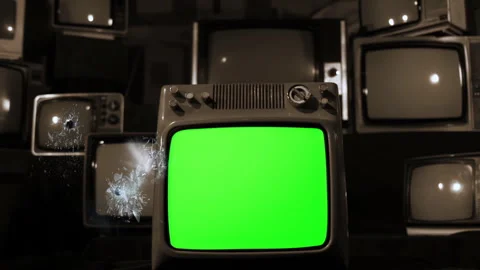 Zoom Out of Retro Television Screen Shot and Shattered with Green Key, Sepia 4K Stock Footage 340171548