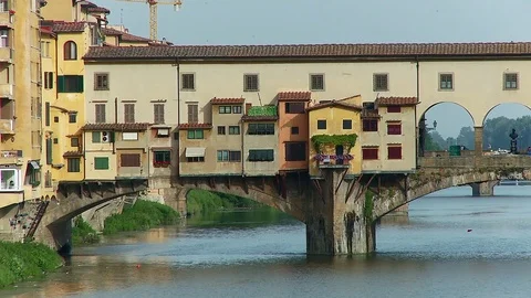 Zoom out to reveal the Ponte Vecchio Florence, Italy Stock Footage 74796391