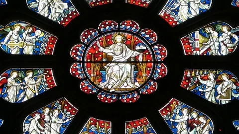 Zoom out Rose Window in Bristol Cathedral Stock Footage 111653957