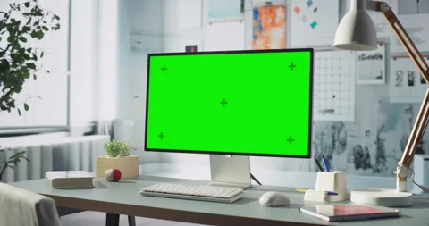 Zoom out Shot Engineer Office With Green Screen Chroma Key Desktop Stockbeeldmateriaal 295942119