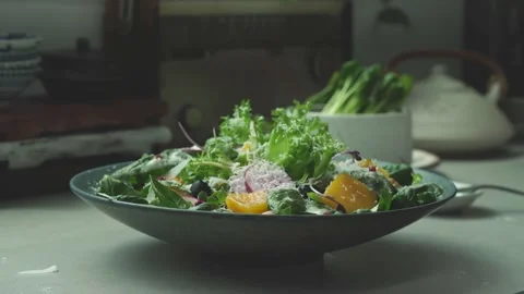 Zoom Out Shot of Plated Vegetable Salad in Kitchen Stock Footage 334172310