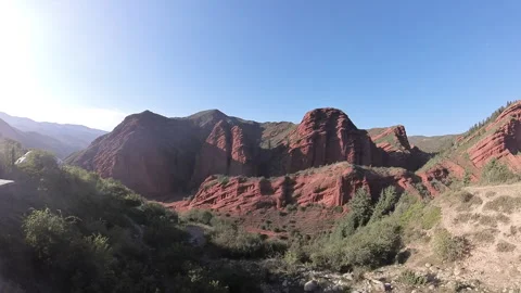 Zoom out shot of red rock formations in Jeti-Oguz, Kyrgyzstan, 4K Stock Footage 342030259