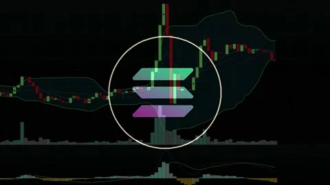 Zoom out of solana sol crypto coin symbol on the background of a falling graph Stock Footage 162869617