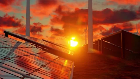Zoom out of solar panel farm with running clouds over Stock Footage 264042821