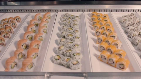 Zoom Out Sushi Display Stock Footage 96289432
