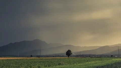 Zoom out time lapse dramatic sky. Colorful sunset over farming field Stock Footage 129029420