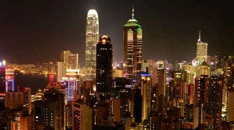 Zoom Out / Time Lapse of Hong Kong Skyline at Night - Hong Kong China Stock Footage 47407668