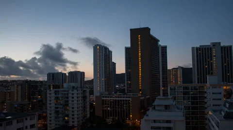 Zoom out time lapse looking over Waikiki at dawn Stock Footage 50362430