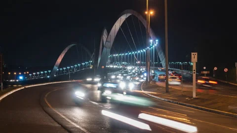 Zoom Out Time Lapse of Night Traffic on JK Bridge in Brasilia, Capital of Brazil Video stock 171094488
