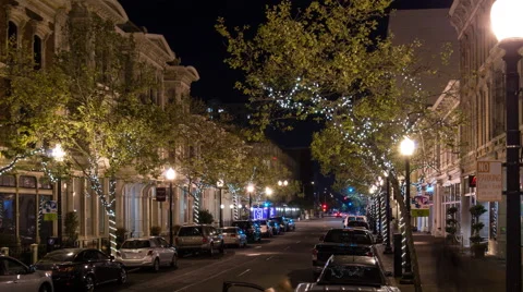 Zoom out time lapse of Old Oakland in Oakland, California at night Stock Footage 49413513