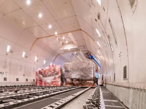 Zoom out time lapse unloading cargo inside cargo plane Видео 80609426