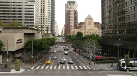 Zoom Out Time Lapse View of Traffic / Pedestrians in Downtown Los Angeles Stock Footage 47067506