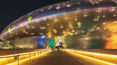 ( Zoom out ),TimeLapse 4k  DDP SEOUL LIGHT,South Korea February 6, 2022:Dongdaem Stock Footage 230024235