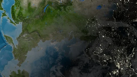 Zoom out from a top view of flat earth model. Moving clouds. No orbit. America Stock Footage 127646097