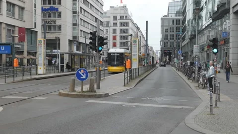 Zoom out from a tram stop on the central Berlin. Stock Footage 277647902