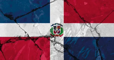 A zoom out video of an old grunge cracked wall with the dominican republic flag Vidéo 337428280