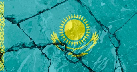 A zoom out video of an old grunge cracked wall with the kazakhstan flag Видео 337429331