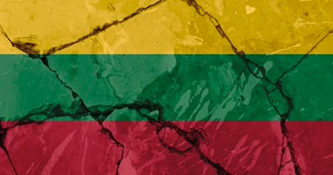 A zoom out video of an old grunge cracked wall with the lithuania flag Video stock 337429646