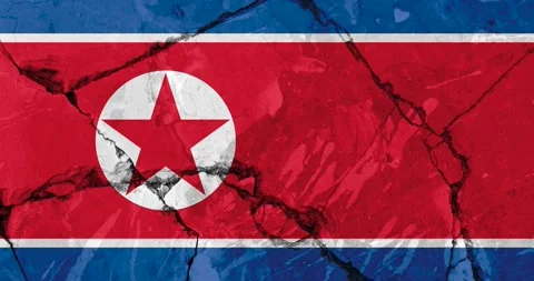 A zoom out video of an old grunge cracked wall with the north korea flag Video stock 337429983