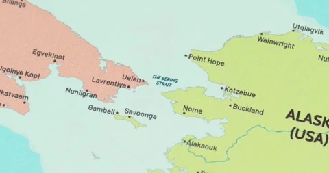 Zoom out view of the bering strait region on a modern political world map 스톡 동영상 346847879