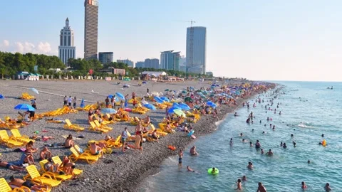 Zoom out view pathway in Batumi resort in Georgia with sea view panorama and.. Stock Footage 270442915