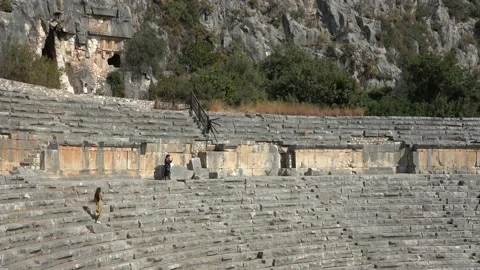 Zoom out viewing ruins of the ancient Myra theater in Demre Stock Footage 185533728