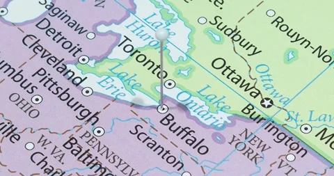 A zoom out of a white pin into a Buffalo city of The United States of America Video stock 323772944