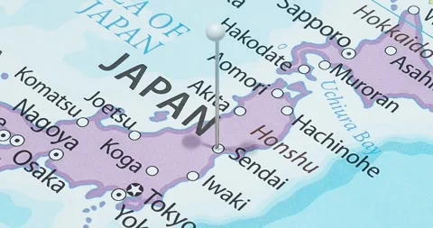 A zoom out of a white pin into sendai city of japan political map Видео 325313166