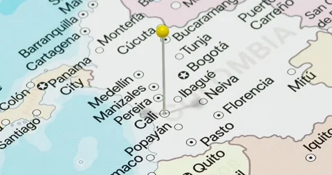 A zoom out of a yellow pin into Cali city of Colombia political map Video stock 323772959