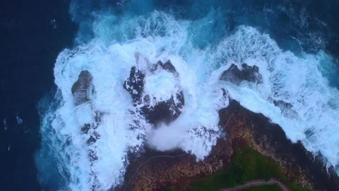 Zoom in Overhead Shot: Storm at cliffs of Devils Tear (Bali) Stock Footage 200656634