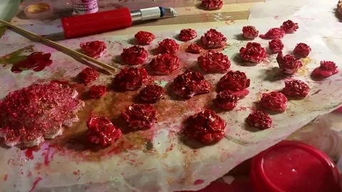 Zoom: Painting Gum Paste Candy Roses Video stock 79585437