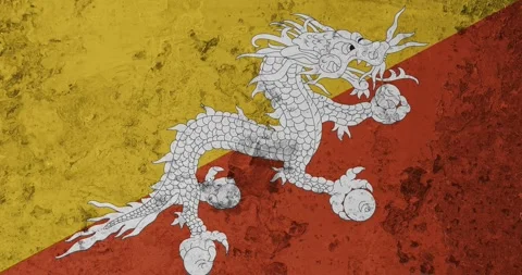 A zoom panning video of a worn out rusty wall with the bhutan flag Stock Footage 337427216
