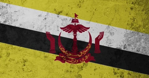 A zoom panning video of a worn out rusty wall with the brunei flag Stock Footage 337427803