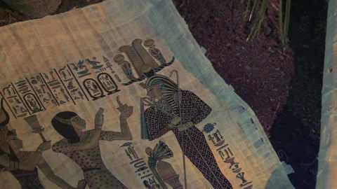 Zoom-in of papyrus with drawing of Osiris and Ancient Egyptian text - Recreation Stock Footage 202903590